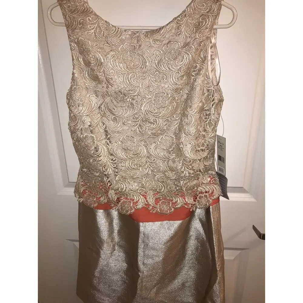 Eliza J MISSY Women's Dress Size 8 Lace Coral‎ Gold Beige Shift Mini Formal NWT - Picture 4 of 6